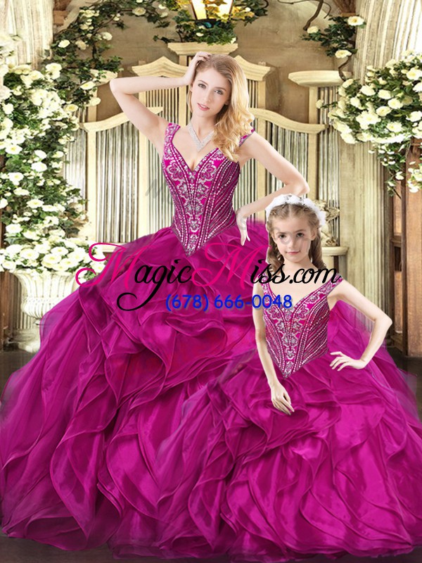 wholesale fuchsia ball gowns ruffles quinceanera dress lace up organza sleeveless floor length