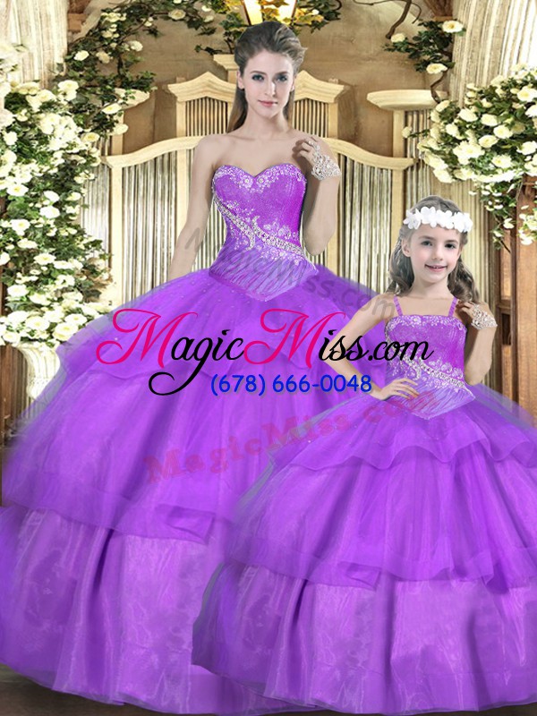 wholesale sweetheart sleeveless quinceanera dresses floor length beading and ruffles and ruching lilac tulle