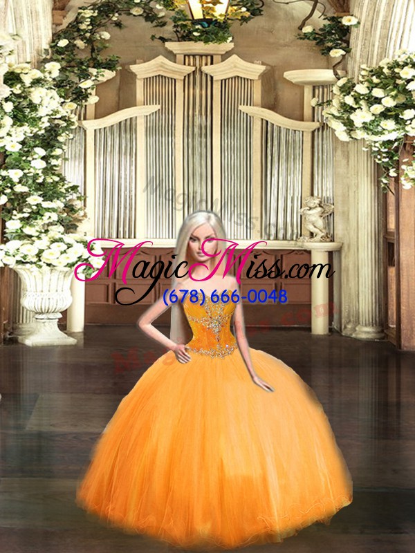 wholesale hot sale orange red tulle lace up vestidos de quinceanera sleeveless floor length beading