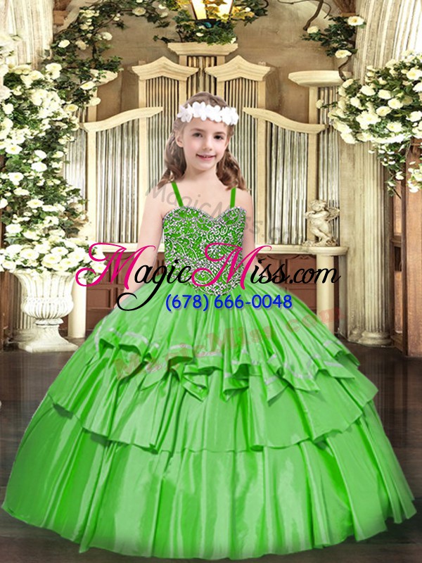 wholesale low price green organza lace up evening gowns sleeveless floor length beading and ruffled layers
