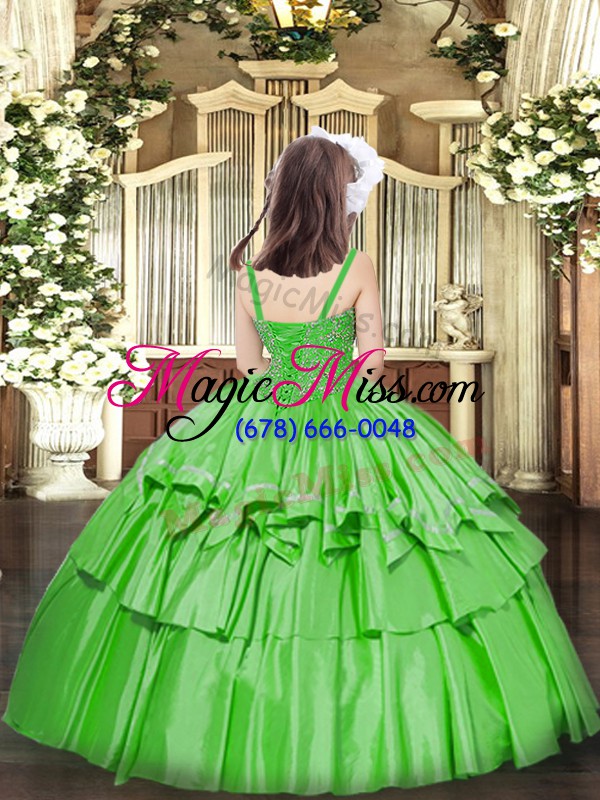 wholesale low price green organza lace up evening gowns sleeveless floor length beading and ruffled layers
