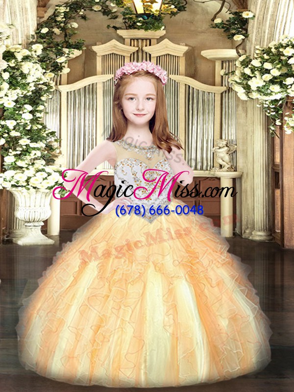 wholesale sleeveless organza floor length zipper little girl pageant gowns in gold with beading and ruffles