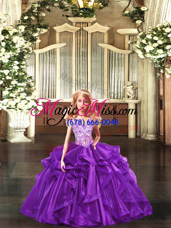 wholesale purple organza lace up ball gown prom dress sleeveless floor length beading and ruffles
