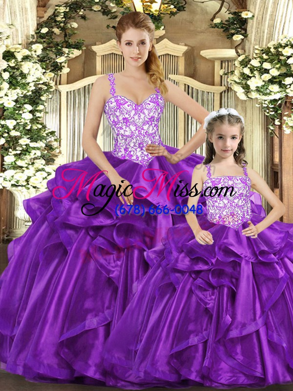wholesale purple organza lace up ball gown prom dress sleeveless floor length beading and ruffles
