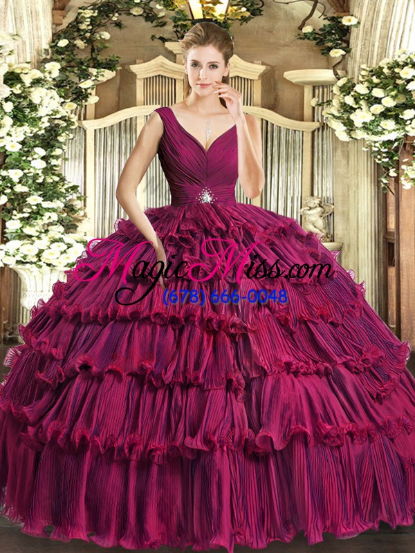 wholesale fuchsia ball gowns beading and ruffled layers sweet 16 dresses backless organza sleeveless floor length