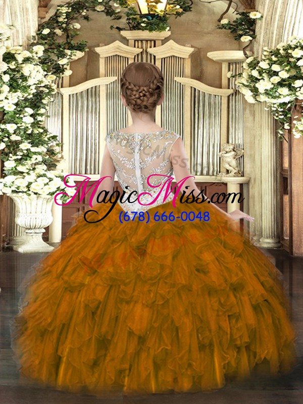 wholesale sleeveless floor length beading zipper little girls pageant dress with brown
