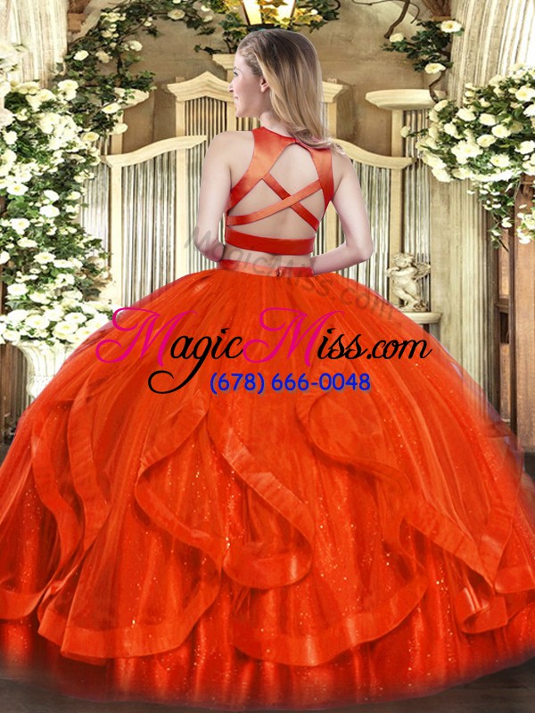 wholesale orange red two pieces bateau sleeveless tulle floor length criss cross ruffles sweet 16 dress