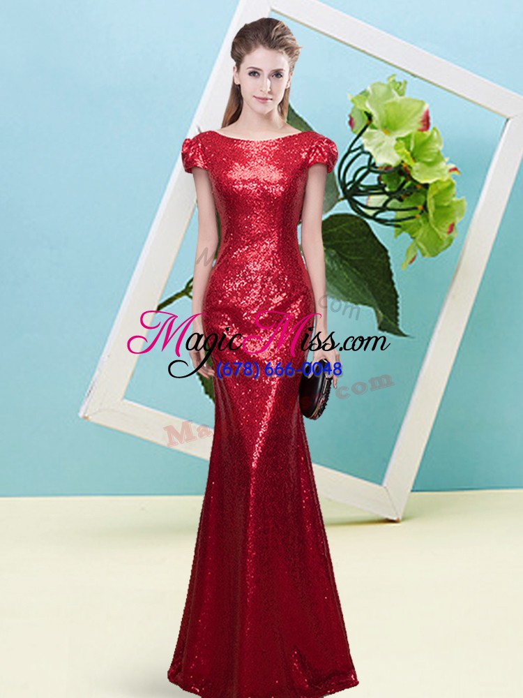 wholesale sequined scoop cap sleeves zipper sequins prom gown in wine red