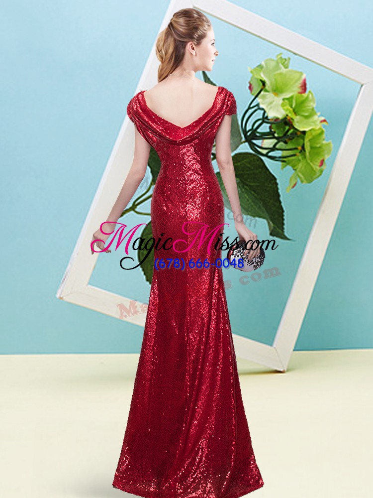 wholesale sequined scoop cap sleeves zipper sequins prom gown in wine red