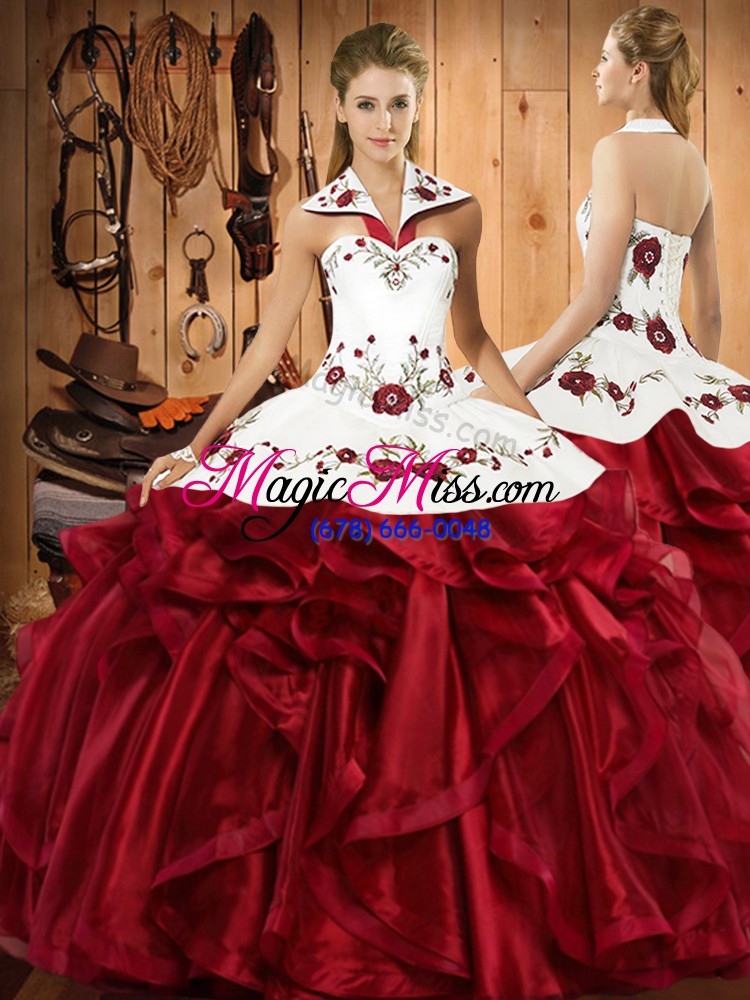 wholesale superior halter top sleeveless quinceanera dresses floor length embroidery and ruffles wine red organza