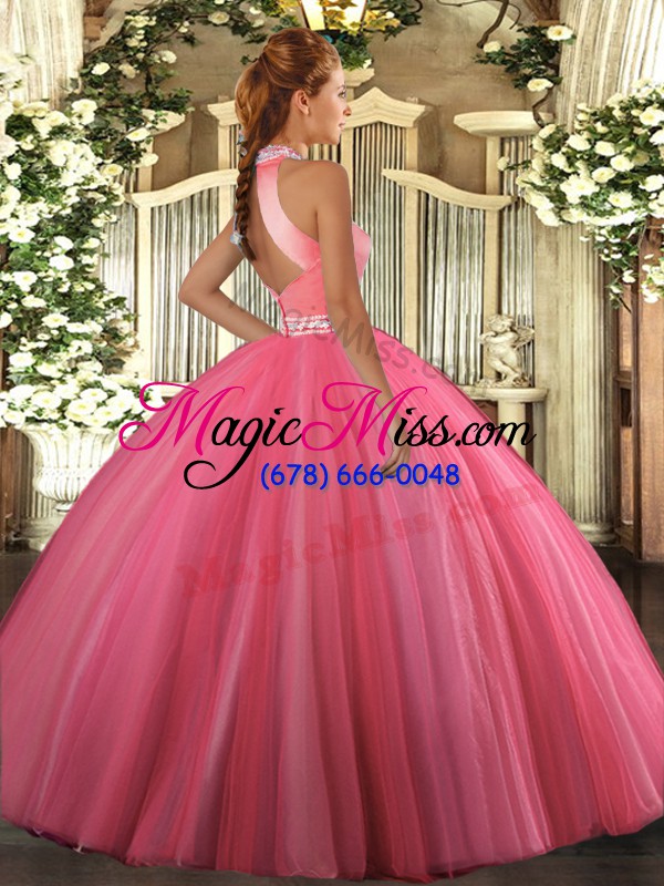 wholesale sweet rose pink tulle backless halter top sleeveless floor length sweet 16 dress beading