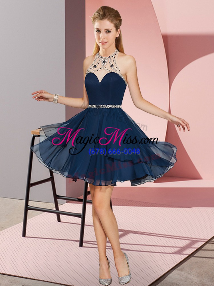 wholesale custom fit chiffon sleeveless mini length prom dress and beading