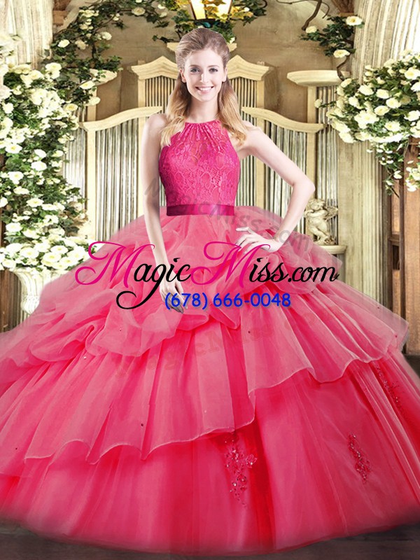 wholesale affordable coral red sleeveless floor length lace and ruffled layers zipper vestidos de quinceanera