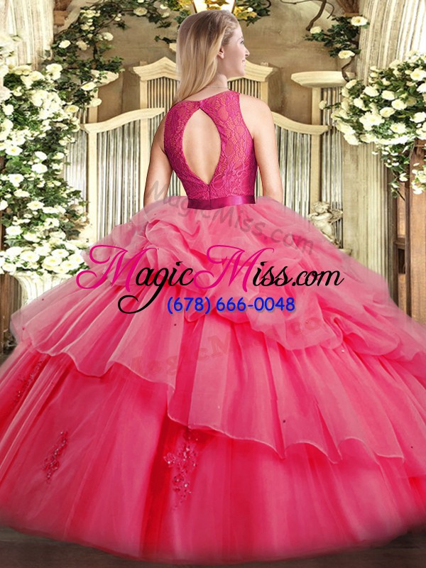 wholesale affordable coral red sleeveless floor length lace and ruffled layers zipper vestidos de quinceanera