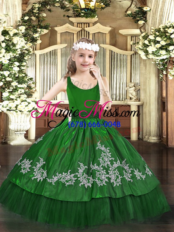 wholesale fancy beading and appliques kids pageant dress dark green zipper sleeveless floor length