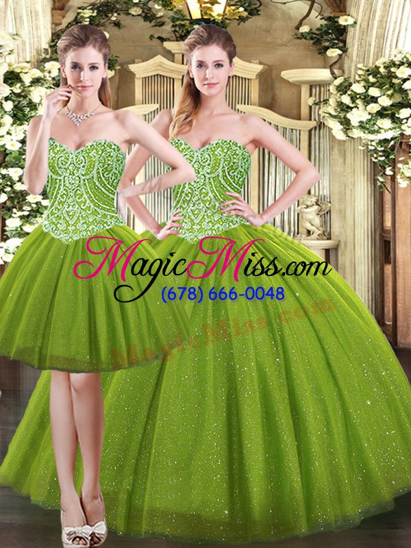 wholesale luxurious olive green ball gowns tulle sweetheart sleeveless beading floor length lace up quinceanera dress