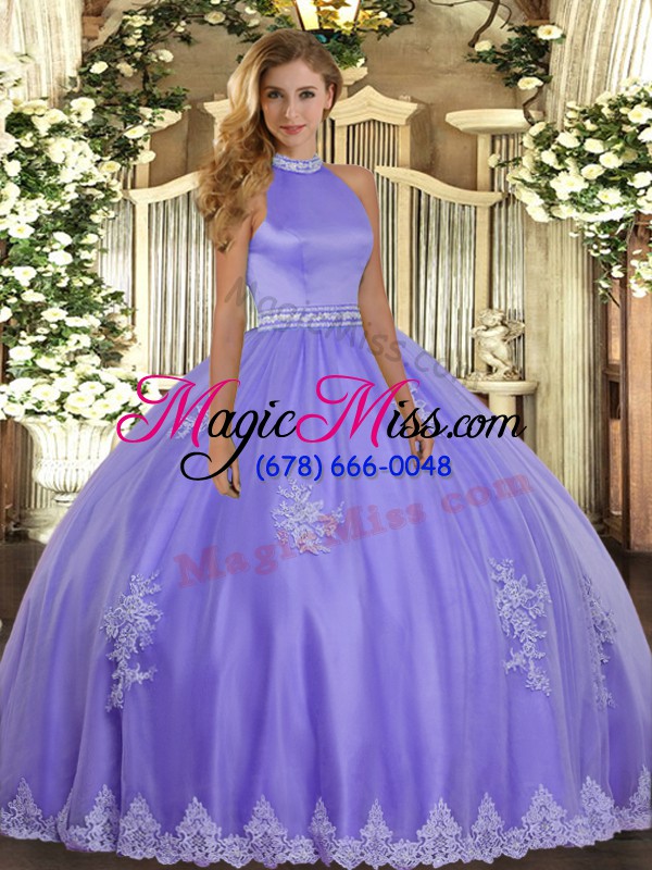 wholesale lavender backless halter top beading and appliques quinceanera gowns tulle sleeveless