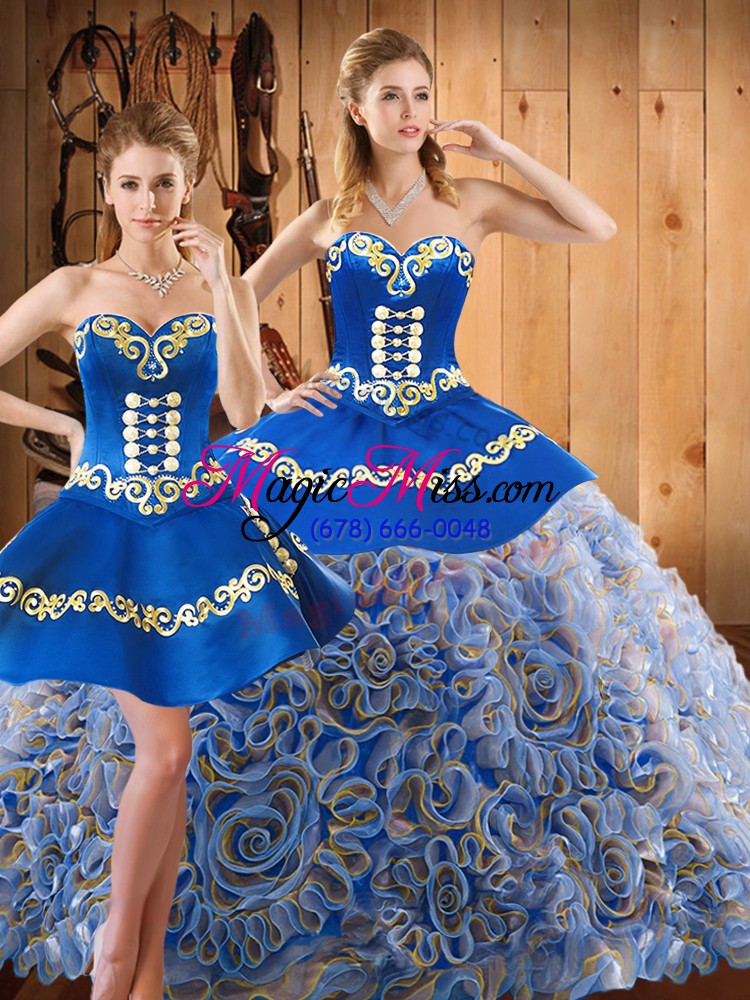 wholesale satin and fabric with rolling flowers strapless sleeveless sweep train lace up embroidery 15th birthday dress in multi-color