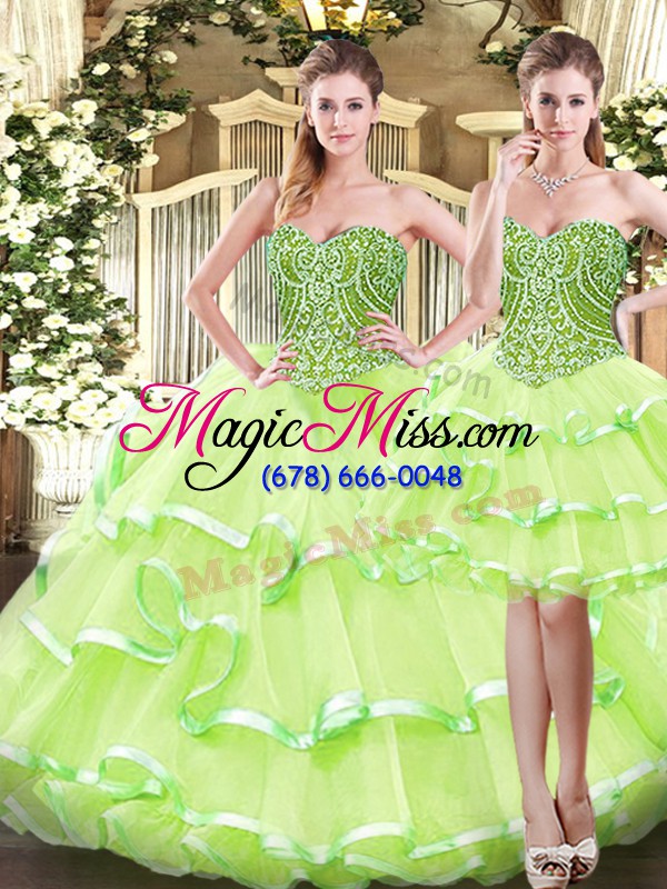 wholesale sleeveless floor length ruffled layers lace up quinceanera dress with yellow green
