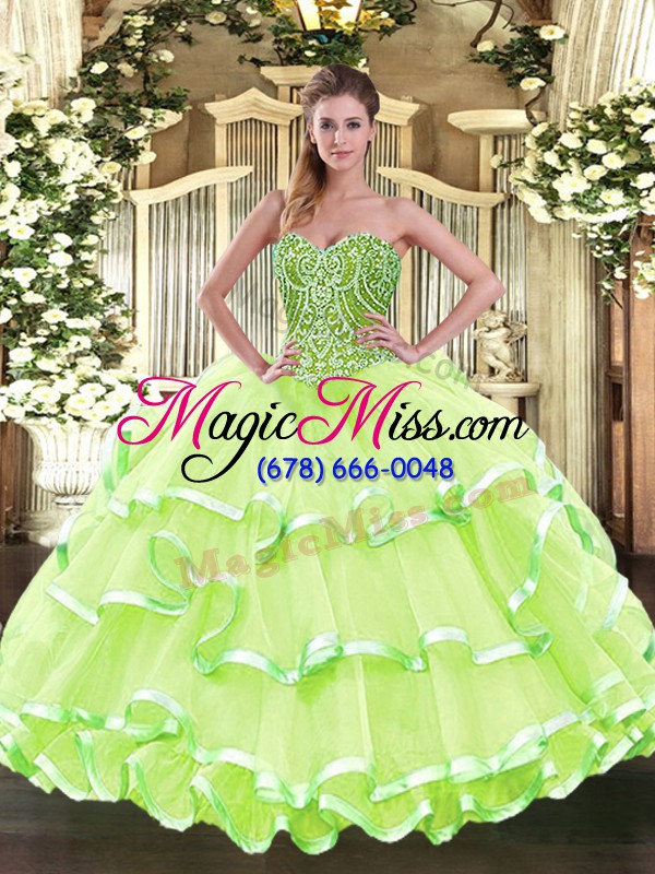 wholesale chic yellow green quinceanera gown military ball and sweet 16 and quinceanera with beading and ruffled layers sweetheart sleeveless lace up