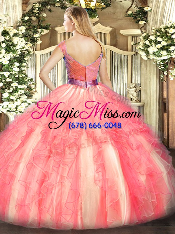 wholesale beautiful watermelon red sleeveless beading and ruffles floor length quinceanera gowns