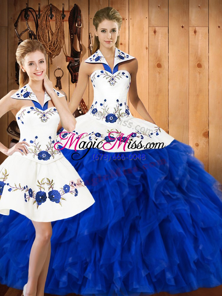 wholesale fantastic blue and white three pieces embroidery and ruffles sweet 16 dress lace up satin and organza sleeveless floor length