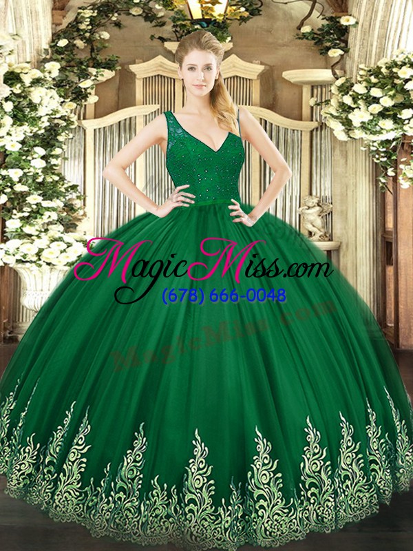 wholesale sleeveless tulle floor length zipper quinceanera dresses in dark green with beading and appliques