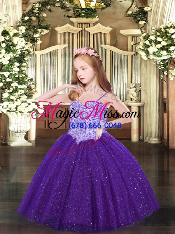 wholesale purple spaghetti straps neckline appliques pageant gowns for girls sleeveless lace up