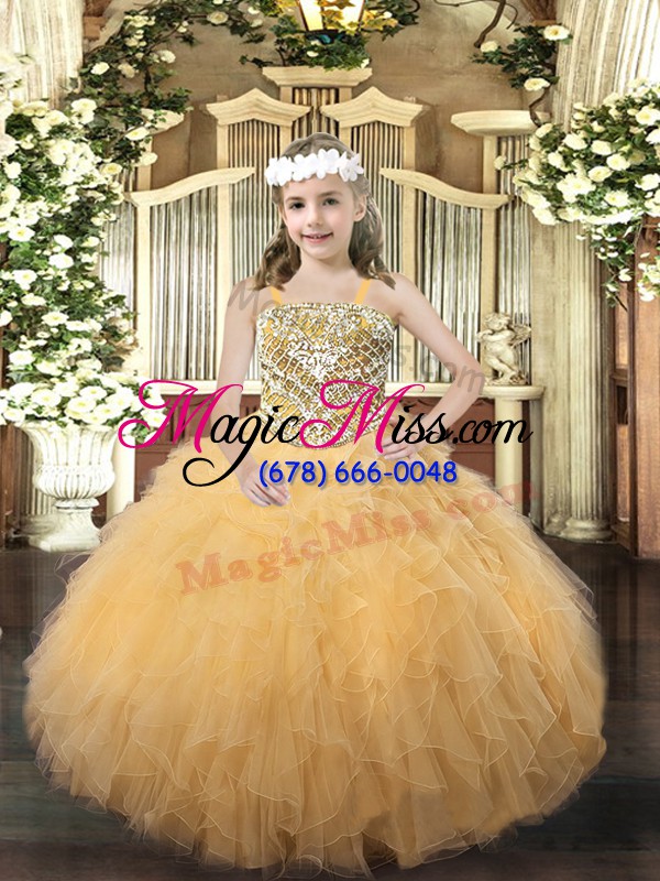 wholesale gold straps neckline beading and ruffles winning pageant gowns sleeveless lace up