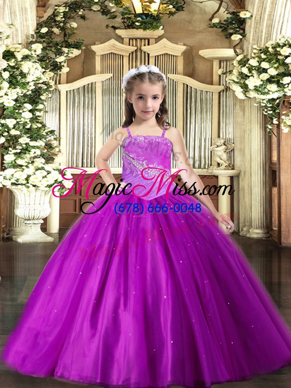 wholesale purple tulle lace up straps sleeveless floor length little girl pageant gowns beading
