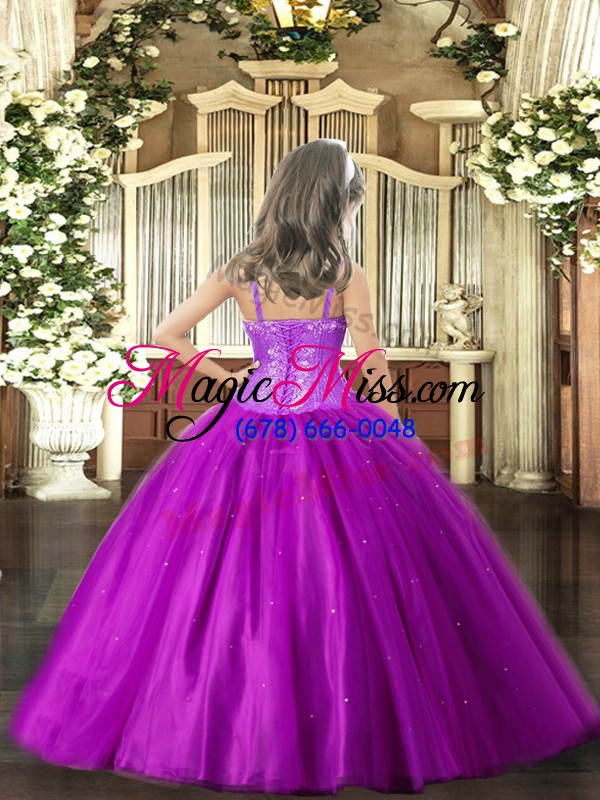 wholesale purple tulle lace up straps sleeveless floor length little girl pageant gowns beading