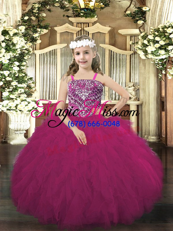 wholesale pretty fuchsia ball gowns tulle straps sleeveless beading and ruffles floor length lace up pageant dress for womens