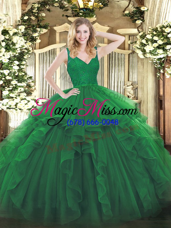 wholesale luxurious dark green ball gowns organza v-neck sleeveless beading and lace and ruffles floor length backless quinceanera dress