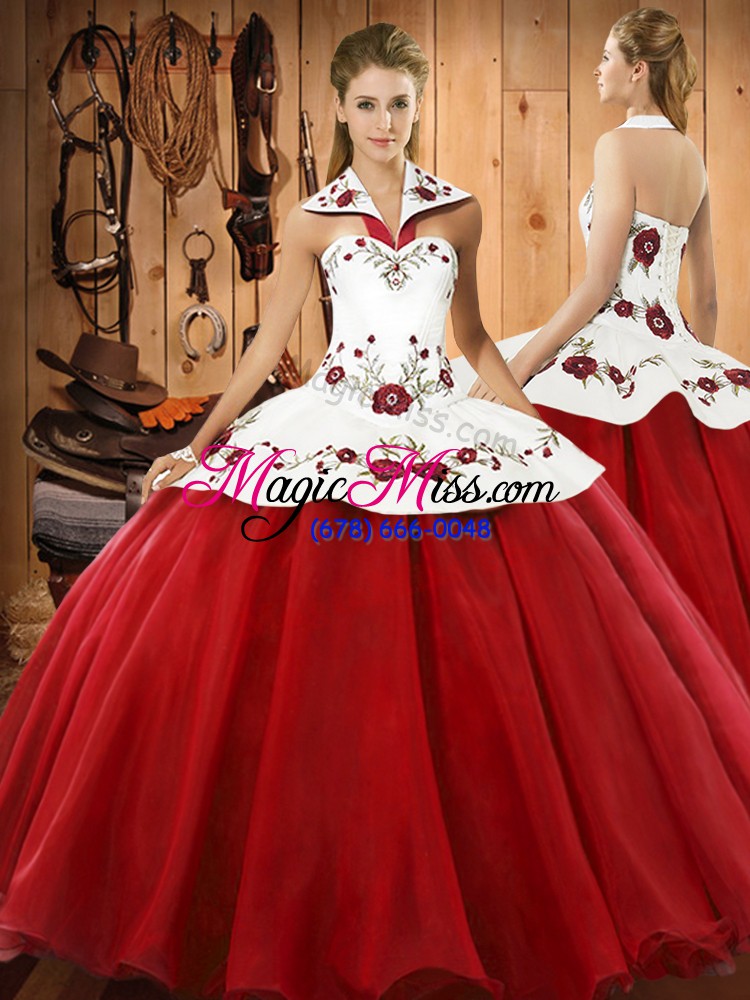 wholesale smart white and red organza lace up halter top sleeveless floor length sweet 16 dress embroidery