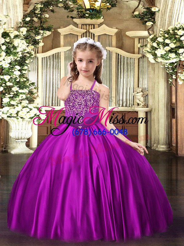 wholesale satin straps sleeveless lace up beading little girls pageant dress in fuchsia