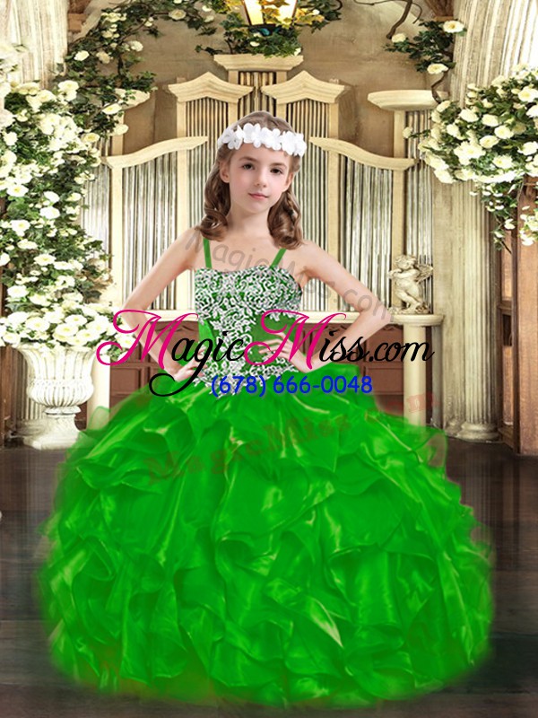 wholesale green organza lace up straps sleeveless floor length kids formal wear appliques and ruffles