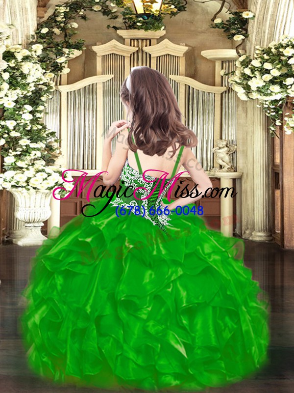 wholesale green organza lace up straps sleeveless floor length kids formal wear appliques and ruffles