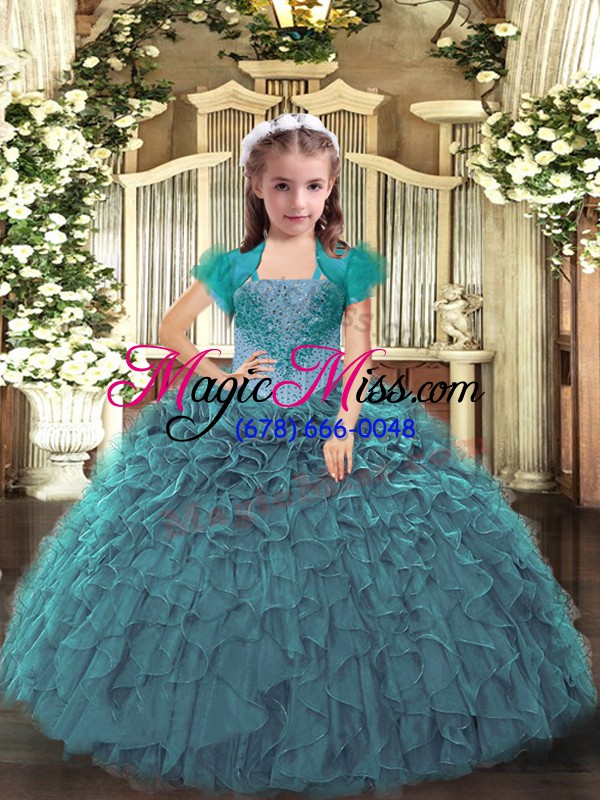 wholesale cute teal ball gowns beading and ruffles pageant dress womens lace up organza sleeveless floor length