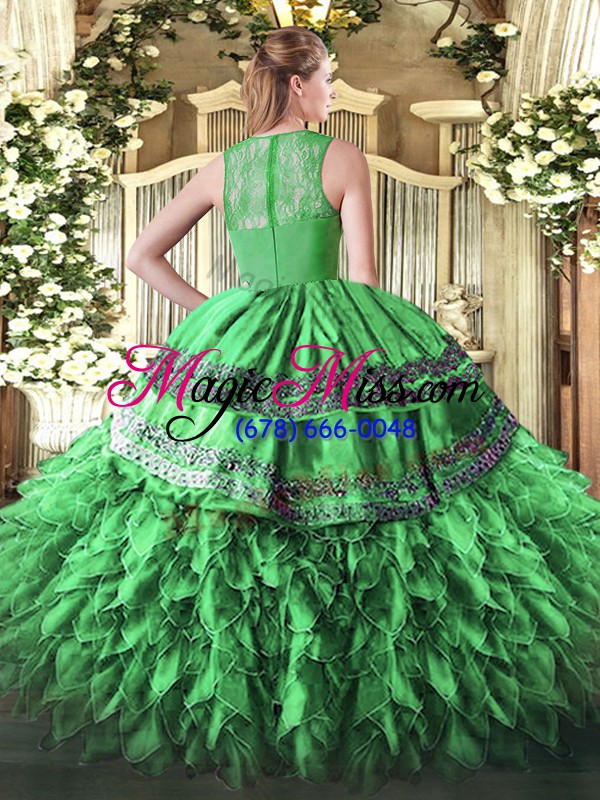 wholesale olive green organza zipper straps sleeveless floor length quinceanera gowns beading and lace and ruffles