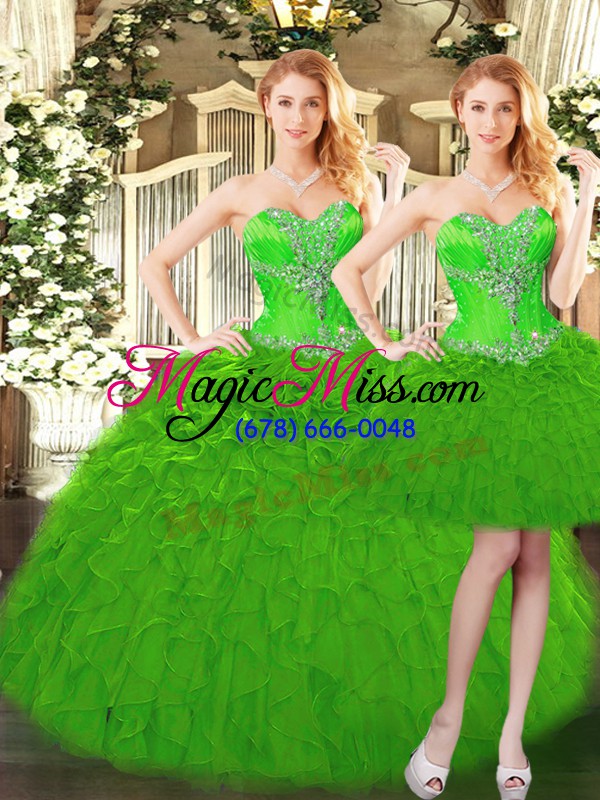 wholesale green organza lace up ball gown prom dress sleeveless floor length beading and ruffles