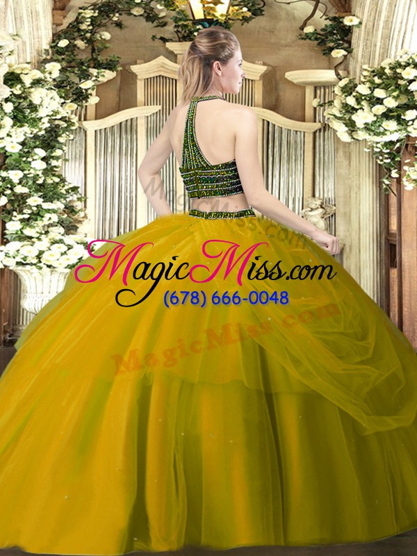 wholesale halter top sleeveless quinceanera gowns floor length beading and ruching green tulle