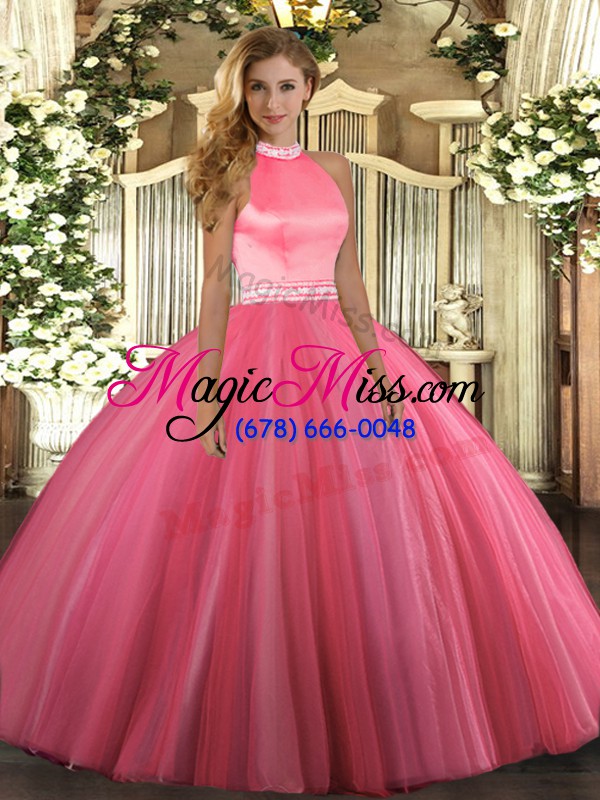 wholesale perfect coral red ball gowns beading 15th birthday dress backless tulle sleeveless floor length