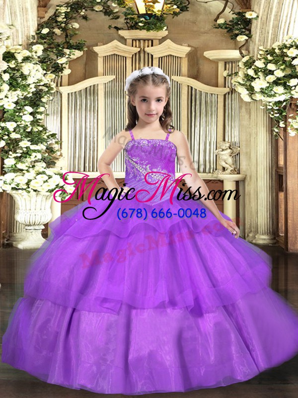 wholesale purple girls pageant dresses party and sweet 16 and quinceanera and wedding party with beading and ruffled layers straps sleeveless lace up