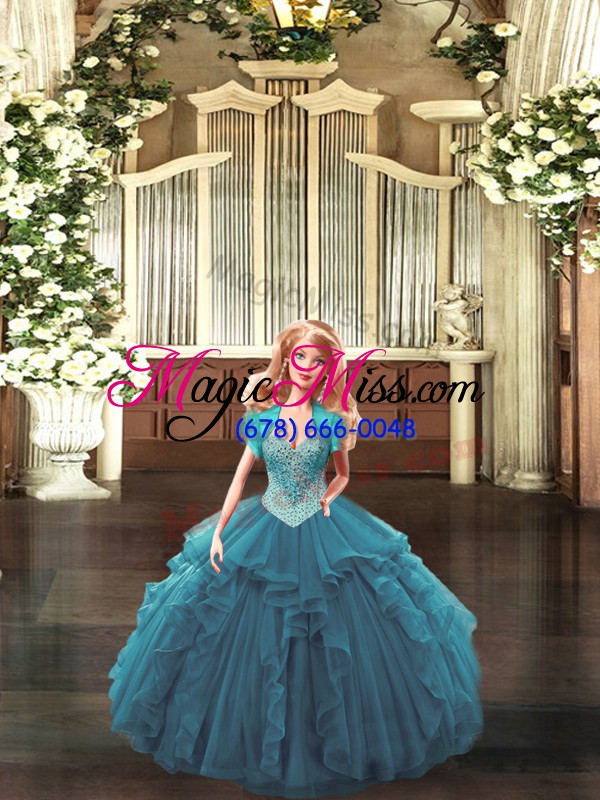 wholesale straps sleeveless lace up vestidos de quinceanera teal tulle