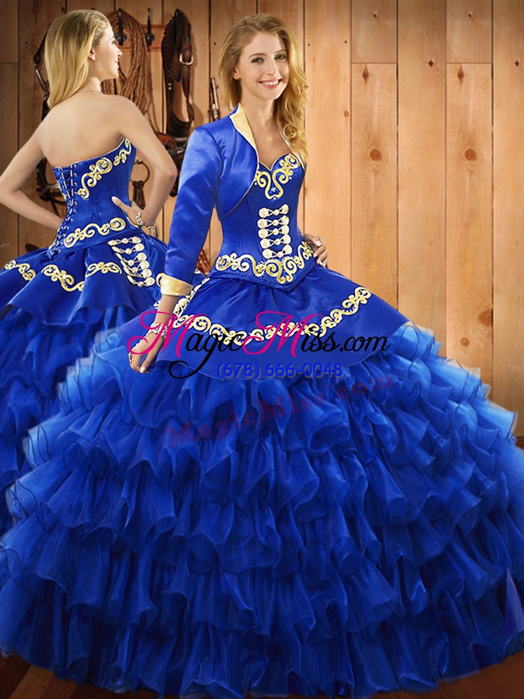 wholesale sleeveless lace up floor length embroidery and ruffled layers quinceanera dress