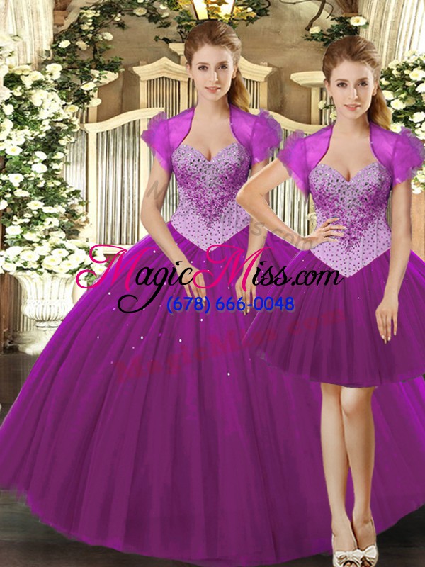 wholesale low price fuchsia tulle lace up straps sleeveless floor length vestidos de quinceanera beading