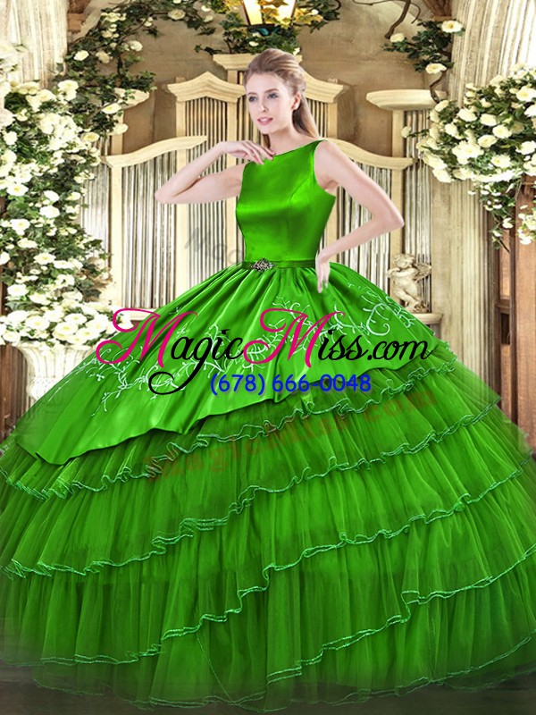 wholesale scoop sleeveless sweet 16 dresses floor length embroidery and ruffled layers green organza
