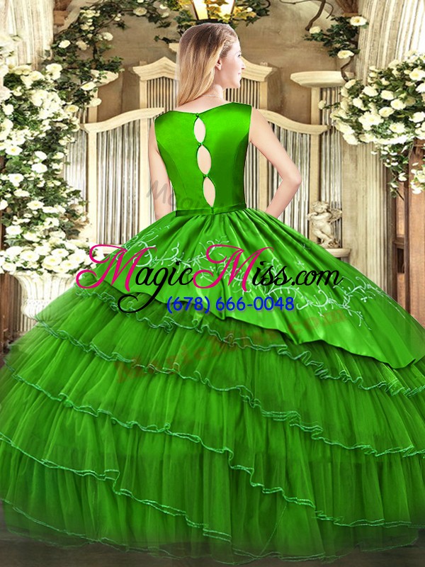wholesale scoop sleeveless sweet 16 dresses floor length embroidery and ruffled layers green organza