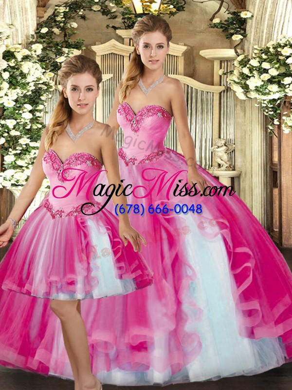 wholesale colorful baby pink three pieces organza sweetheart sleeveless ruffles floor length lace up quinceanera gowns