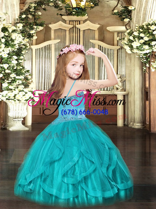 wholesale turquoise ball gowns spaghetti straps sleeveless tulle floor length lace up beading and ruffles kids pageant dress